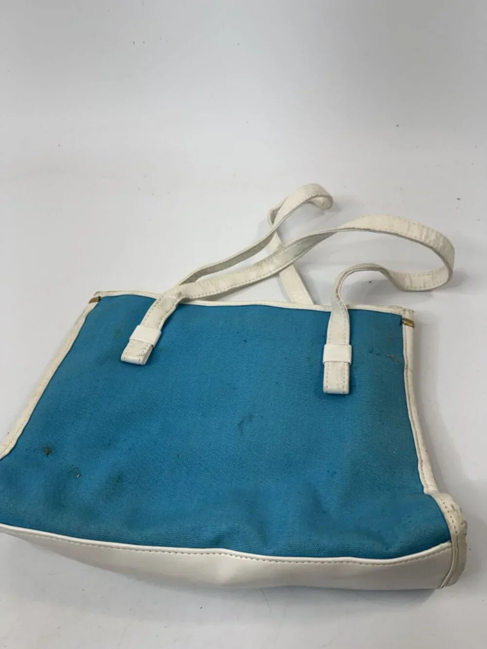 Vintage Blue & White Canvas Tote Bag With Faux Leather Trim
